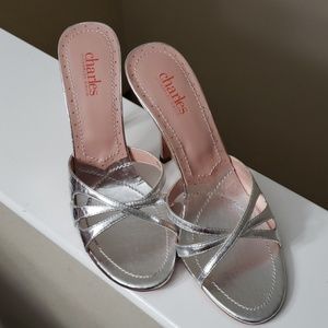 Silver strapless heels